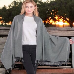 Scarf With Fringe Grey Soft Wool Women’s Scarf Neck Warmer Shawl Wrap